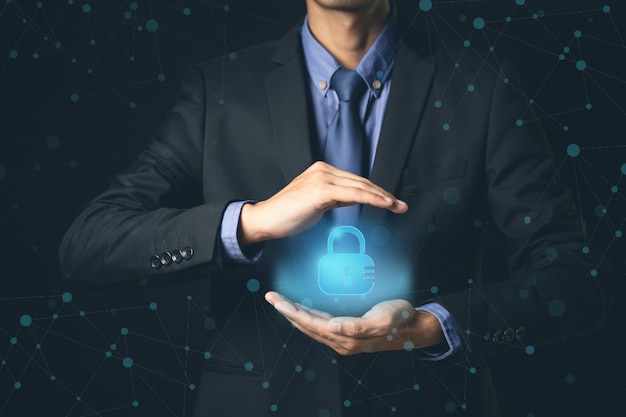 Cyber-sicherheit businessman-technologie antivirus alert protection security und cyber security firewall cybersicherheit und informationstechnologie.