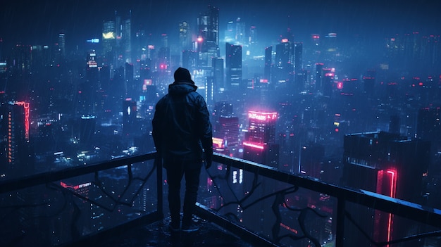 Cyberpunk-Krieger blickt über die Stadt