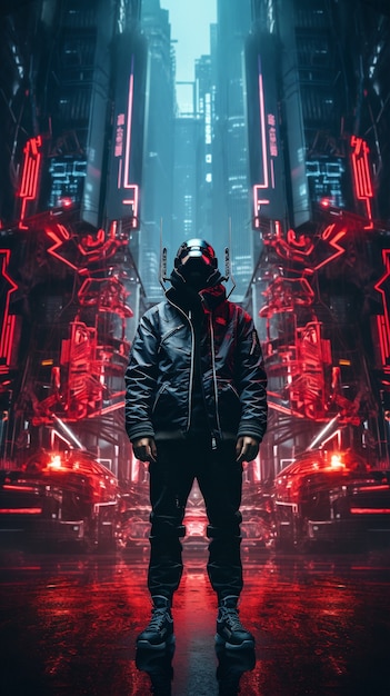 Kostenloses Foto cyberpunk-krieger in urbaner landschaft