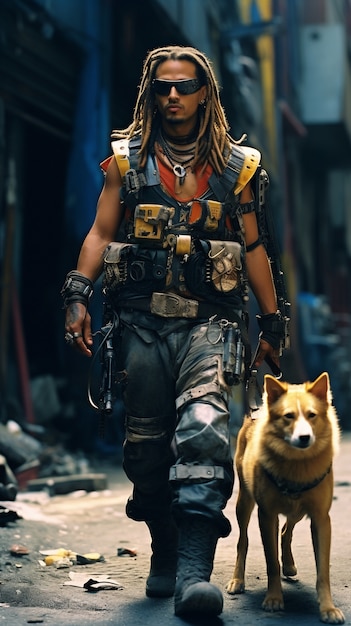 Kostenloses Foto cyberpunk-krieger mit hund