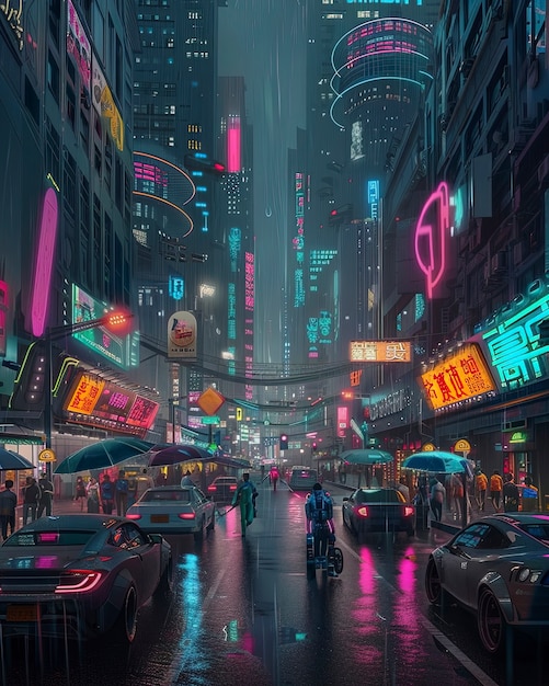 Cyberpunk-Stadtstraße in der Nacht mit Neonlichtern und futuristischer Ästhetik