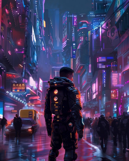 Cyberpunk-Stadtstraße in der Nacht mit Neonlichtern und futuristischer Ästhetik