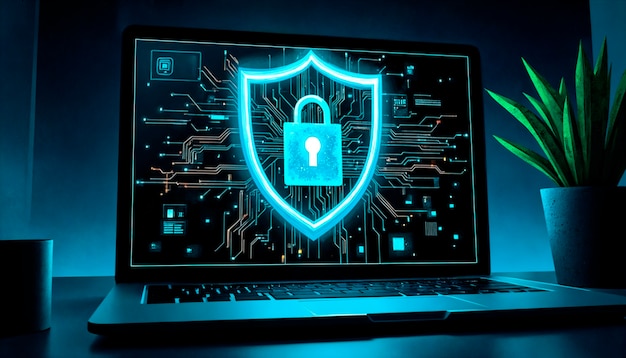 Cybersecurity on laptop screen: data protection concept