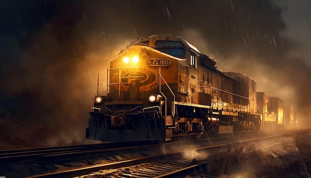 Dampflokomotive rast durch einen verlassenen gebirgspass, der von der ki generiert wurde