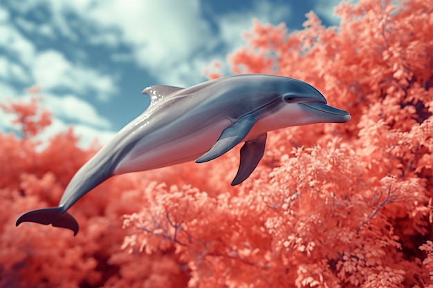 Darstellung eines Delphins inmitten eines Korallenriffs.