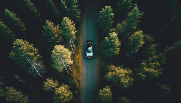 Das Auto fährt auf der Straße unter der Walddraufsicht