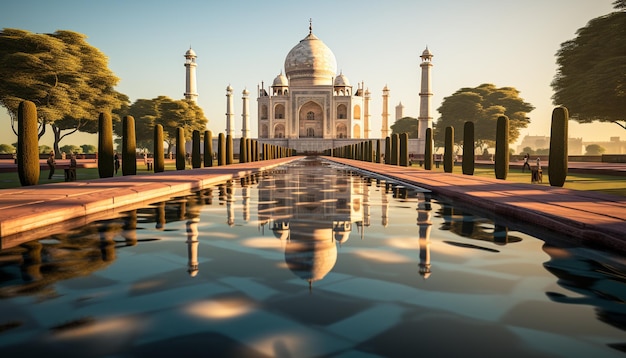 Kostenloses Foto das berühmte indische mausoleum spiegelt antike spiritualität bei sonnenuntergang wider, die durch künstliche intelligenz erzeugt wurde