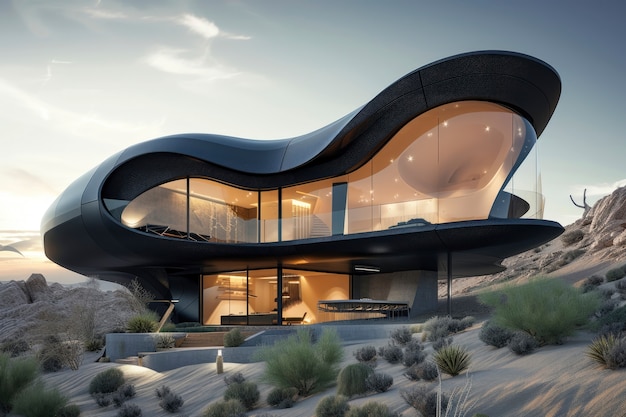 Das futuristische Gebäude verschmilzt nahtlos in die Wüstenlandschaft.