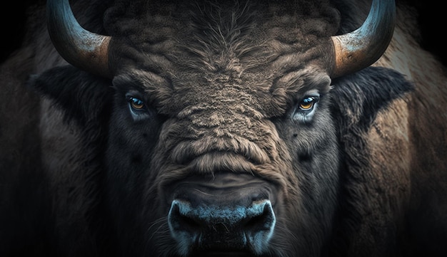 Kostenloses Foto das gesicht eines bisons wird in einem dunklen hintergrund gezeigt.