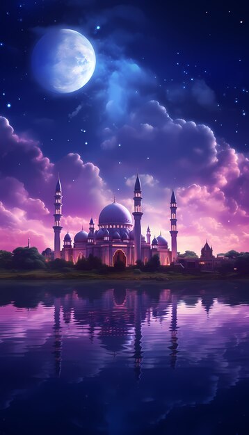 Das komplizierte Moschee-Gebäude und die Architektur in der Nacht