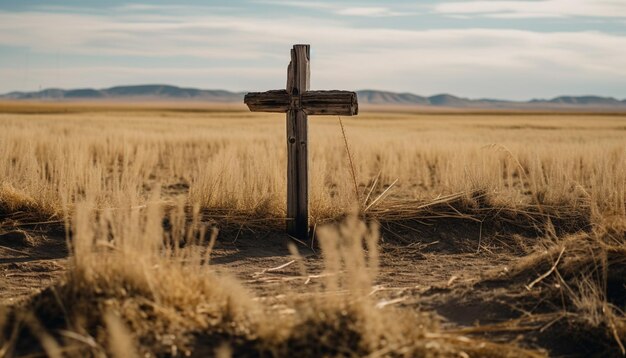 Das Kreuz auf dem grasbewachsenen Hügel symbolisiert die von der KI erzeugte Spiritualität und den Glauben