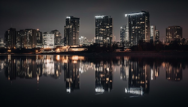 Das leuchtende Stadtbild spiegelt sich in einem ruhigen Teich am Wasser wider, der von KI generiert wurde