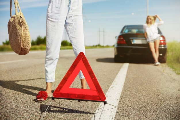 Das Paar der jungen Lesben, das an sonnigem Tag auf dem Auto Urlaub macht