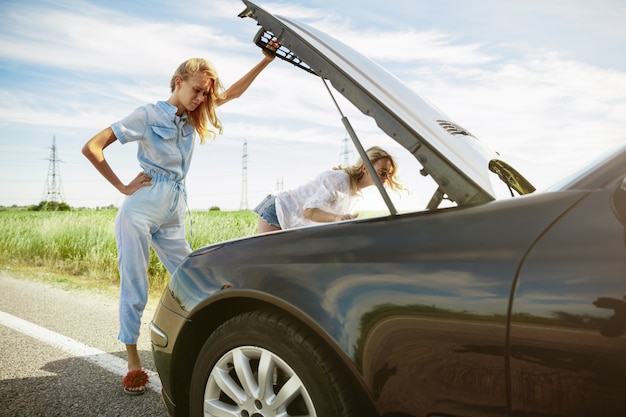 Das Paar der jungen Lesben, das an sonnigem Tag auf dem Auto Urlaub macht