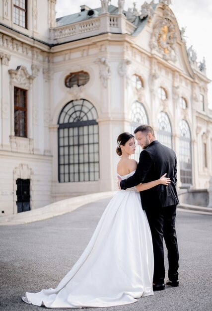 Das schöne verliebte Hochzeitspaar steht zusammen vor dem historischen architektonischen Gebäude