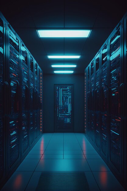 Datenserver-Racks-Hub-Raum mit Big-Data-Rechenzentrum Blauer Innenraum zum Hosten von Speicherhardware