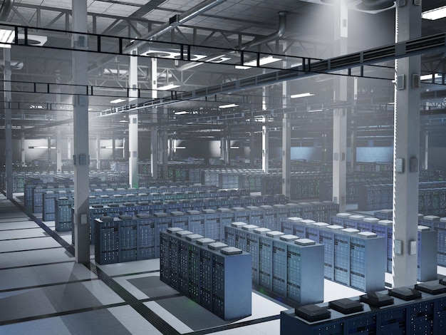 Datenzentrum mit geringem Lichtverbrauch, das fortschrittliche KI-Modelle und Neuralnetzprozesse ausführt