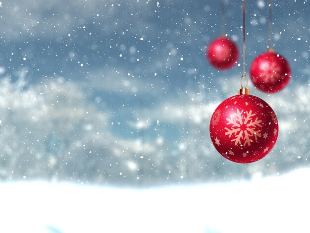 Defocussed Weihnachten Winterlandschaft mit hängenden Kugeln