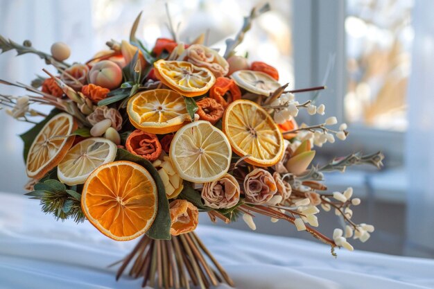 Dekorative Anordnung mit getrockneten Früchten und Blumen