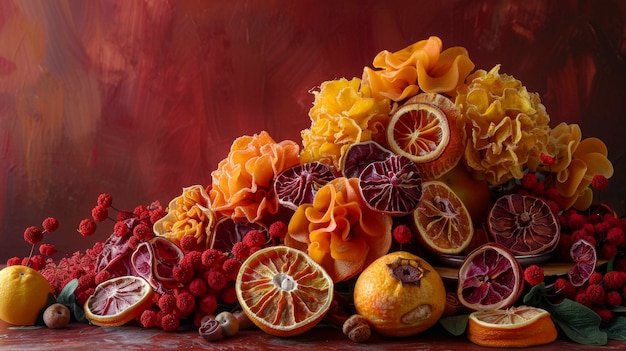 Dekorative Anordnung mit getrockneten Früchten und Blumen