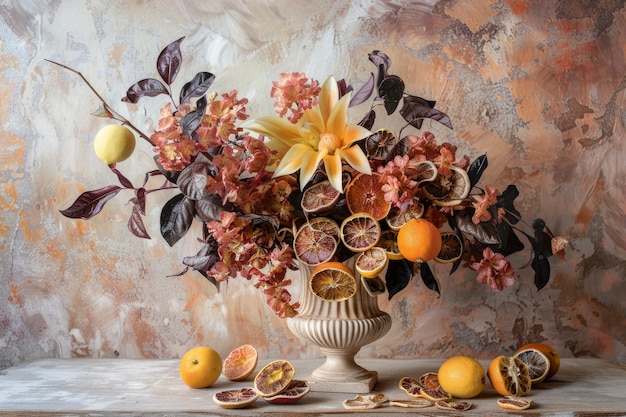 Dekorative Anordnung mit getrockneten Früchten und Blumen