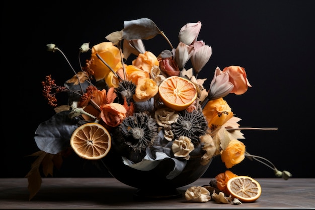 Kostenloses Foto dekorative anordnung mit getrockneten früchten und blumen