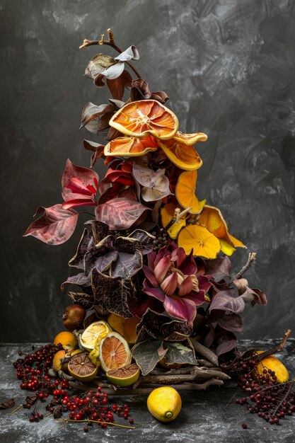 Dekorative Anordnung mit getrockneten Früchten und Blumen