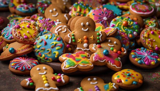 Dekorative Lebkuchen-Schneemänner mit zuckersüßen Schneeflocken, die von KI generiert werden