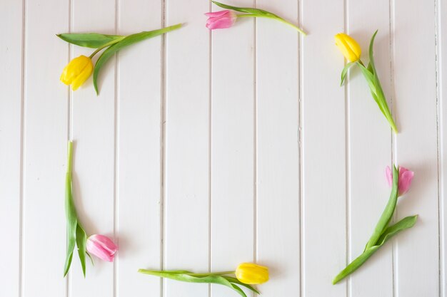 Dekorative Rahmen aus rosa und gelben Tulpen