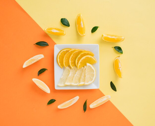 Dekorative Scheiben der Zitrone und der Orange auf Doppelhintergrund