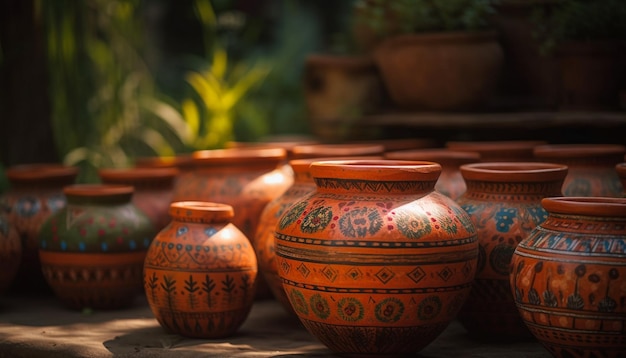 Dekorative Terrakotta-Vase mit kompliziertem einheimischem Muster, das von KI generiert wurde