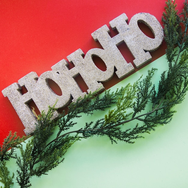 Kostenloses Foto dekorativer ho-ho-ho-titel in der nähe des lebensbaumzweigs