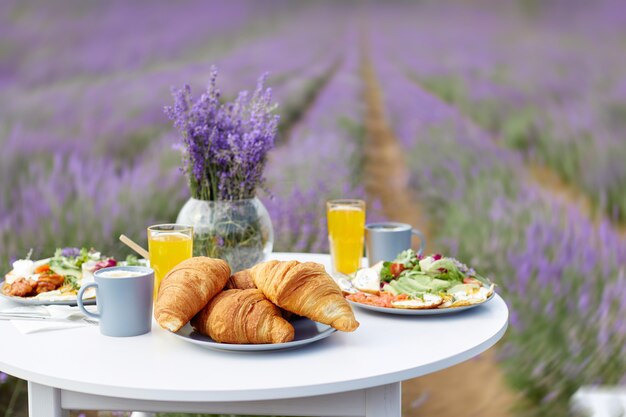 Dekorierter Tisch mit Essen im Lavendelfeld