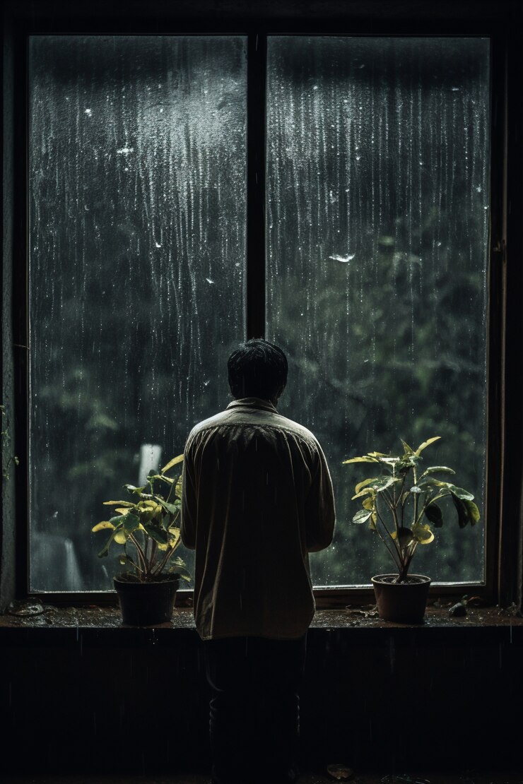Deprimierte Person, die zum Fenster schaut