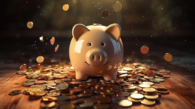Der Überfluss von Münzen im Sparschweinchen veranschaulicht Sparen und finanzielles Lernen