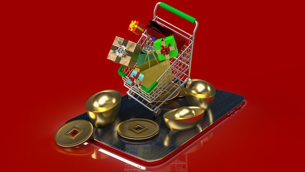 Der einkaufswagen und das chinesische gold auf dem tablet für das 3d-rendering des geschäftskonzepts