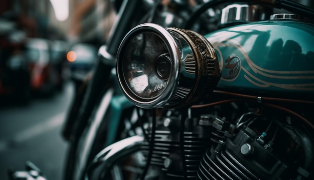 Der glänzend verchromte motorradscheinwerfer spiegelt die elegante, von der ki erzeugte geschwindigkeit wider