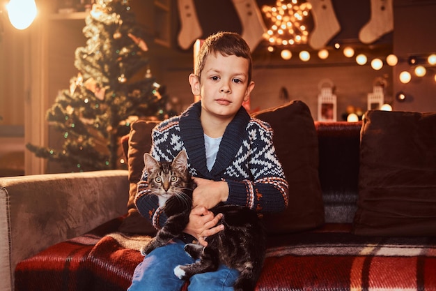 Der glückliche, entzückende Junge hält seine Katze in den Händen, während er zur Weihnachtszeit auf dem Sofa im dekorierten Raum sitzt.