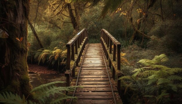 Der Herbstwanderweg schlängelt sich durch eine ruhige, von KI generierte Waldlandschaft