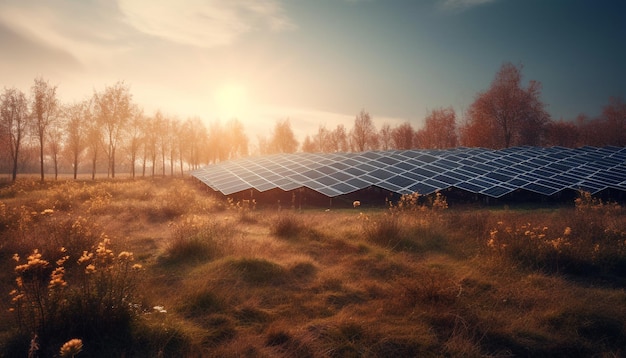 Kostenloses Foto der himmel bei sonnenuntergang treibt eine von ki erzeugte solarpanel-generatorfarm an