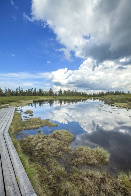 Der Himmel mit den dunklen Wolken spiegelte sich im Ribnica-See in Slowenien