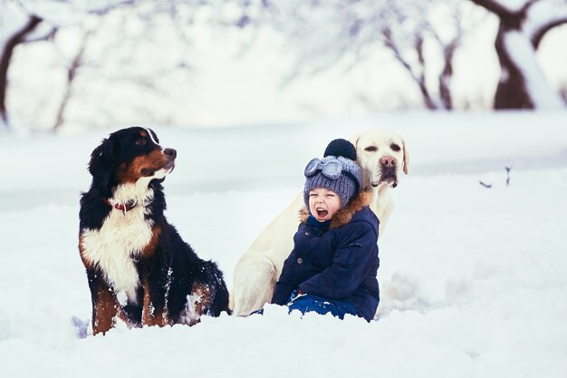 Der kleine Junge und die Hunde, die auf dem Schnee sitzen