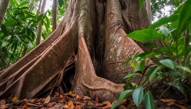 Kostenloses Foto der lebendige banyanbaum wächst im tropischen regenwald, umgeben von wildtieren, die von ki generiert wurden