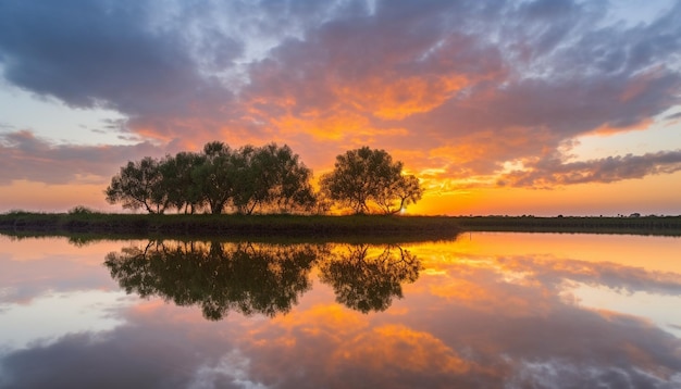 Kostenloses Foto der lebendige sonnenuntergang spiegelt sich in der ruhigen, von ki erzeugten naturschönheit des teichs wider