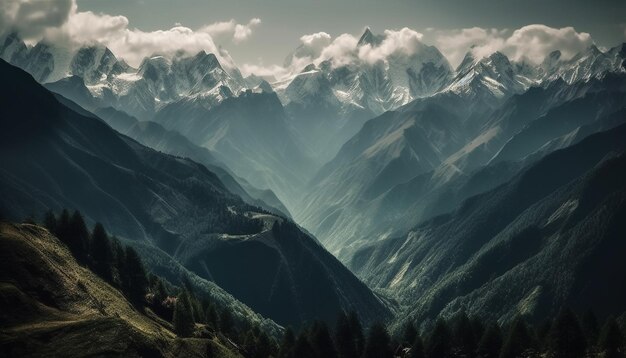 Der majestätische Berggipfel erhebt sich hoch über einer ruhigen, von KI erzeugten Wiese