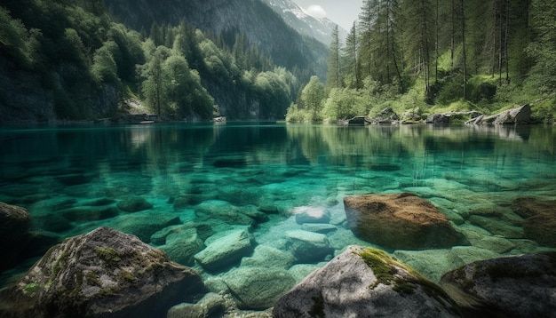 Der majestätische Berggipfel spiegelt sich in einem ruhigen, von der KI erzeugten Teich wider