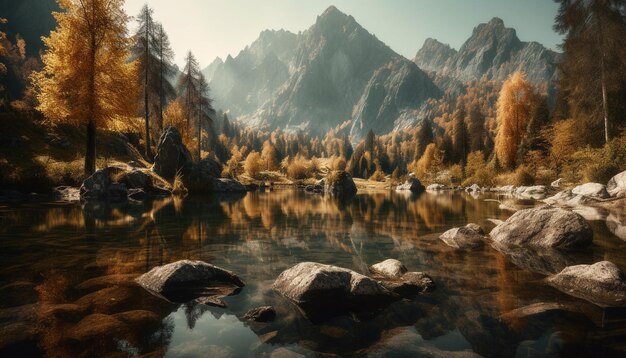 Der majestätische Berggipfel spiegelt sich in einem ruhigen, von der KI erzeugten Teich wider