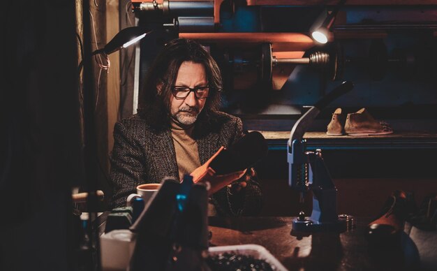 Der nachdenkliche Schuhmeister mit Brille arbeitet in seiner Werkstatt an seiner neuen Schuhkollektion.