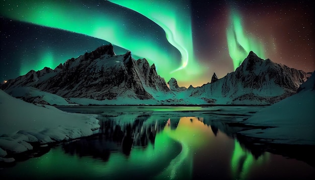 Der Nachthimmel leuchtet mit Aurora, schneebedeckten Bergen, generativer KI