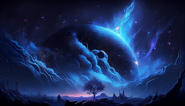 Der Nachthimmel leuchtet mit der generativen KI der mystischen Silhouette der Galaxie